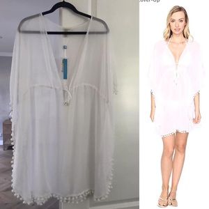 Blue Rod Beattie Pom Trim Cover-up Caftan